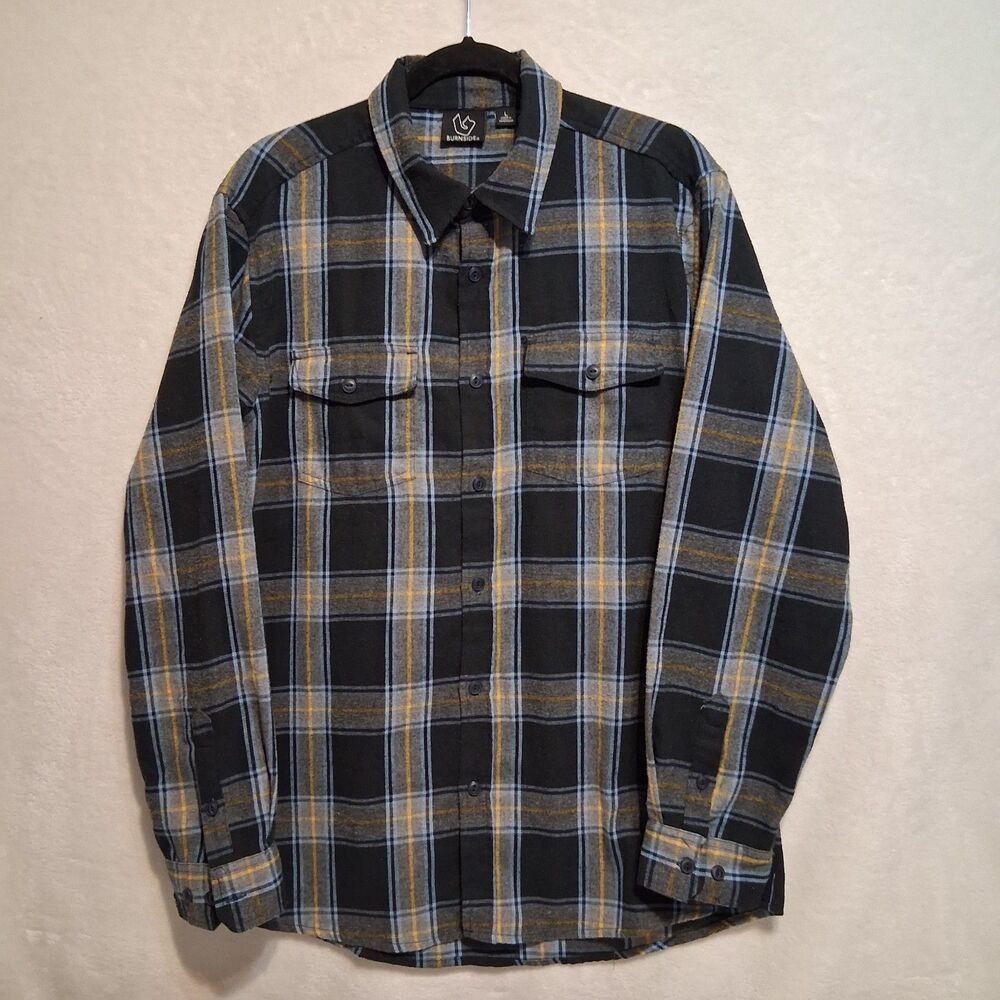 Burnside L Shirt  Flannel Navy Yellow Plaid Cotton Blend Grunge Outdoors Chore